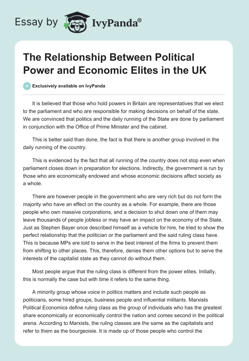 The Relationship Between Political Power and Economic Elites in the UK. Page 1