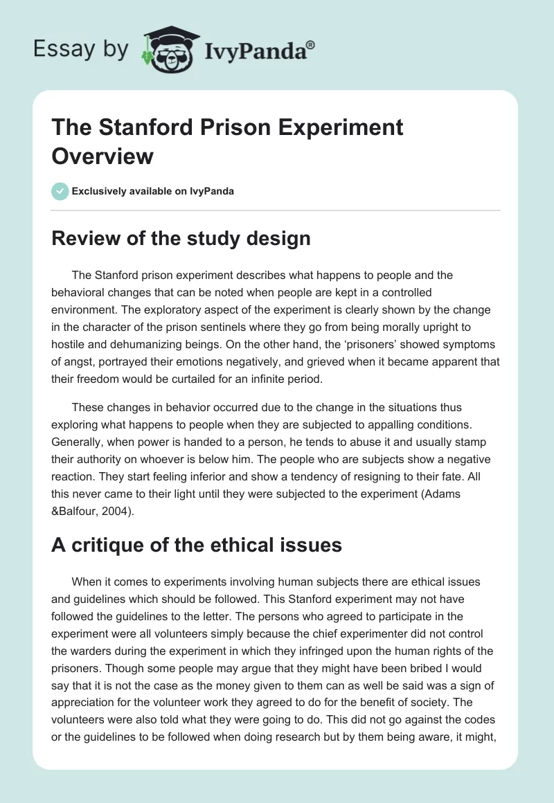 The Stanford Prison Experiment Overview. Page 1