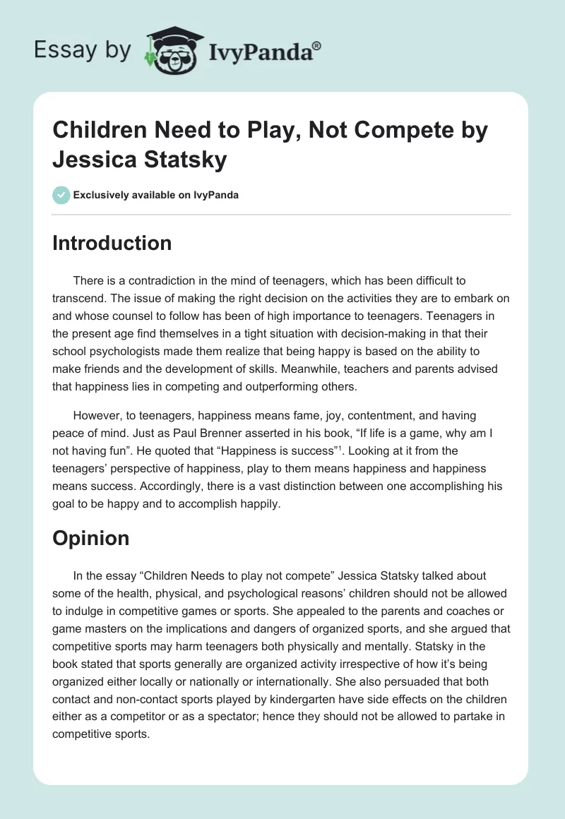 "Children Need to Play, Not Compete" by Jessica Statsky. Page 1