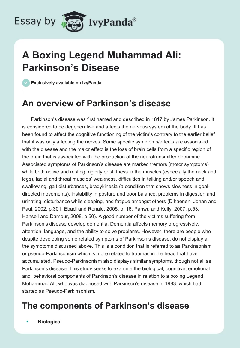 A Boxing Legend Muhammad Ali: Parkinson’s Disease. Page 1