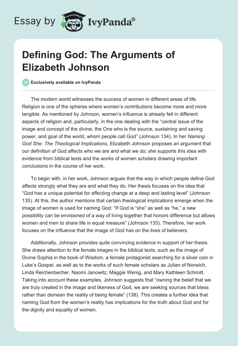 Defining God: The Arguments of Elizabeth Johnson. Page 1