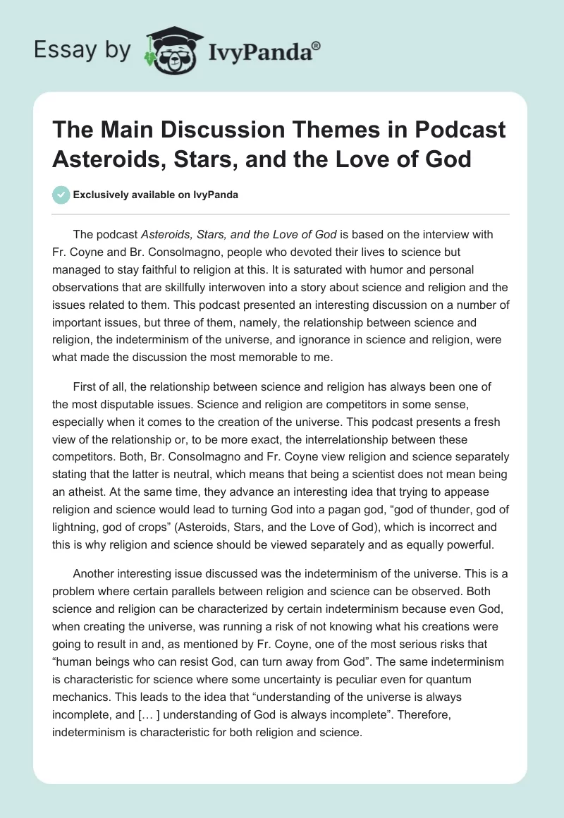 The Main Discussion Themes in Podcast Asteroids, Stars, and the Love of God. Page 1