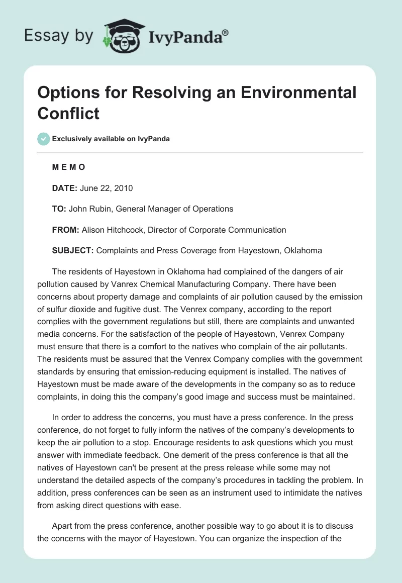 Options for Resolving an Environmental Conflict. Page 1