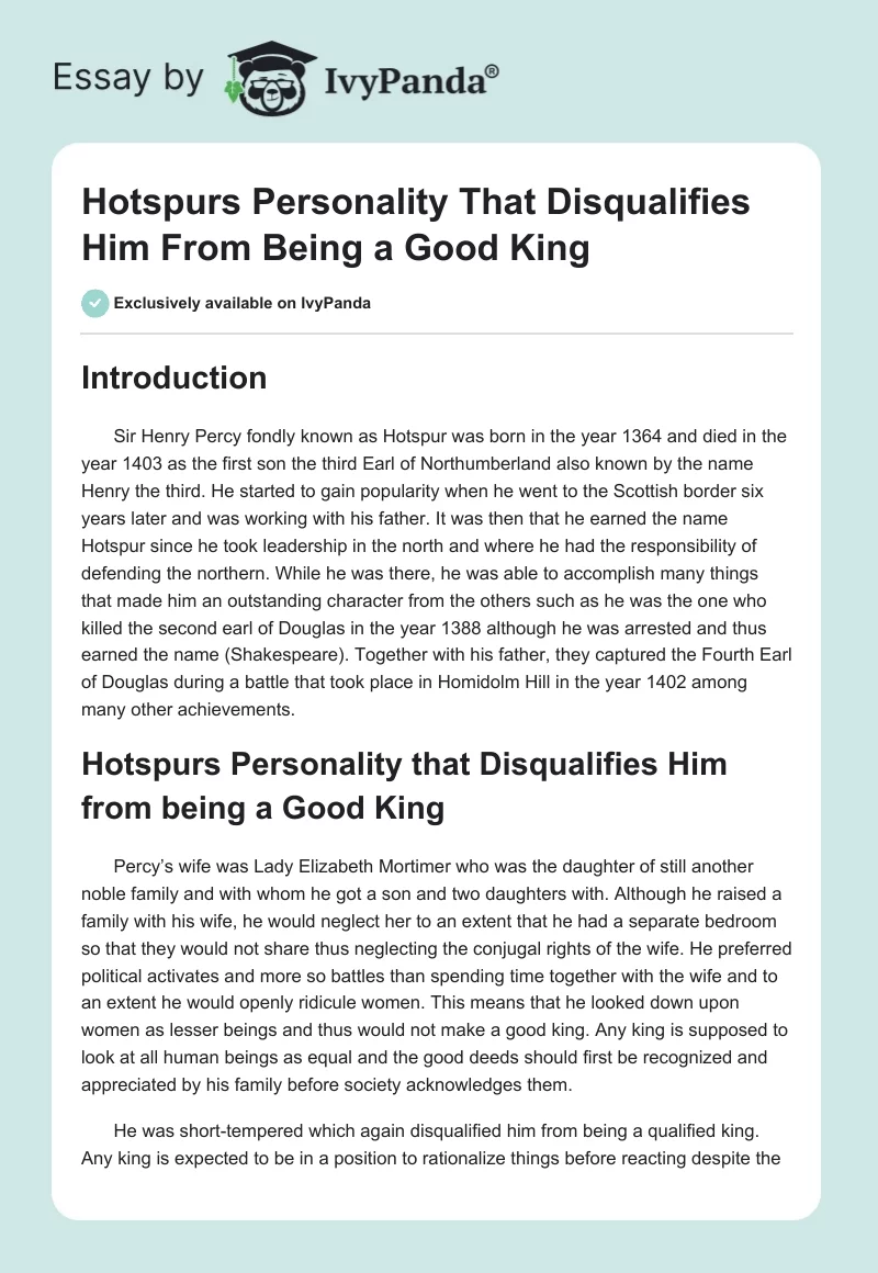 Hotspurs Personality That Disqualifies Him From Being a Good King. Page 1