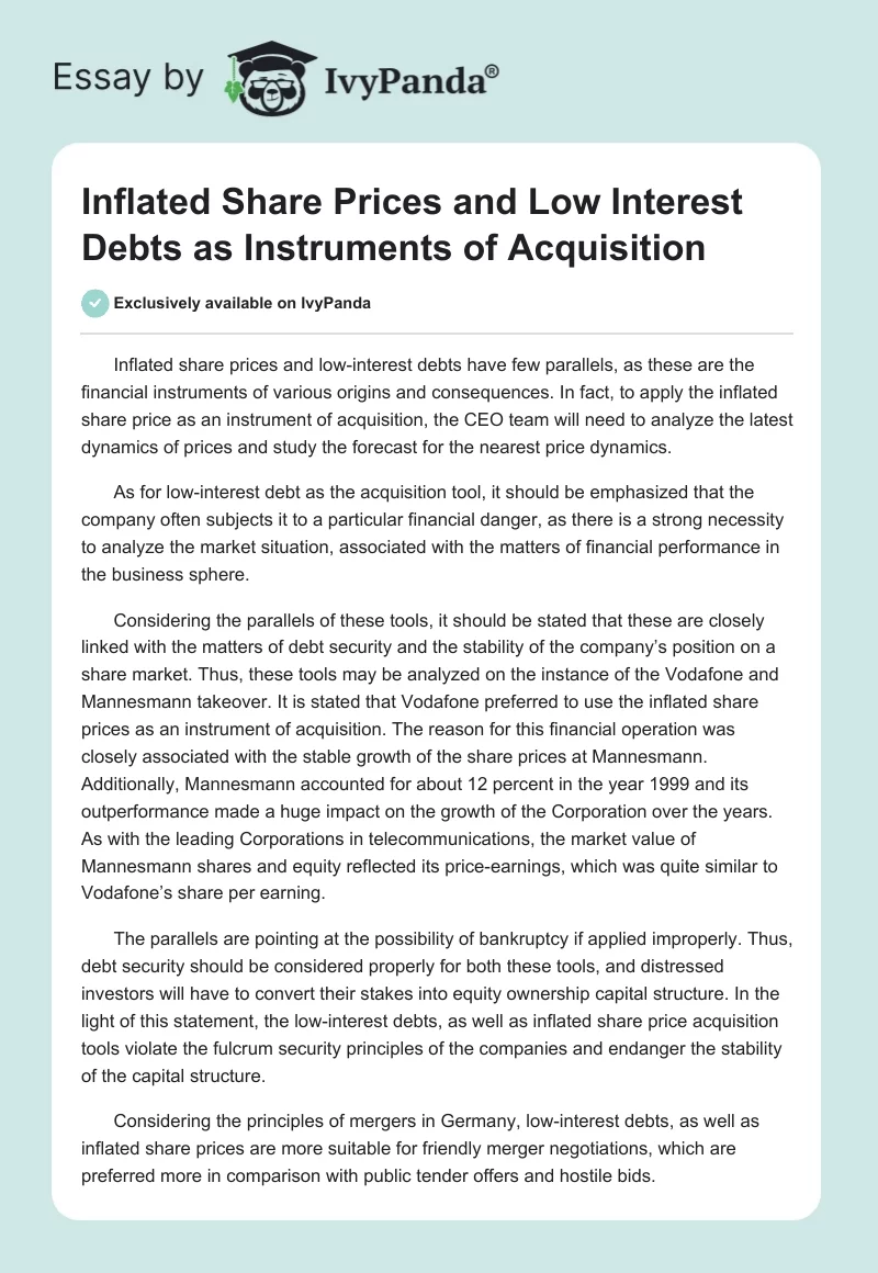 Inflated Share Prices and Low Interest Debts as Instruments of Acquisition. Page 1