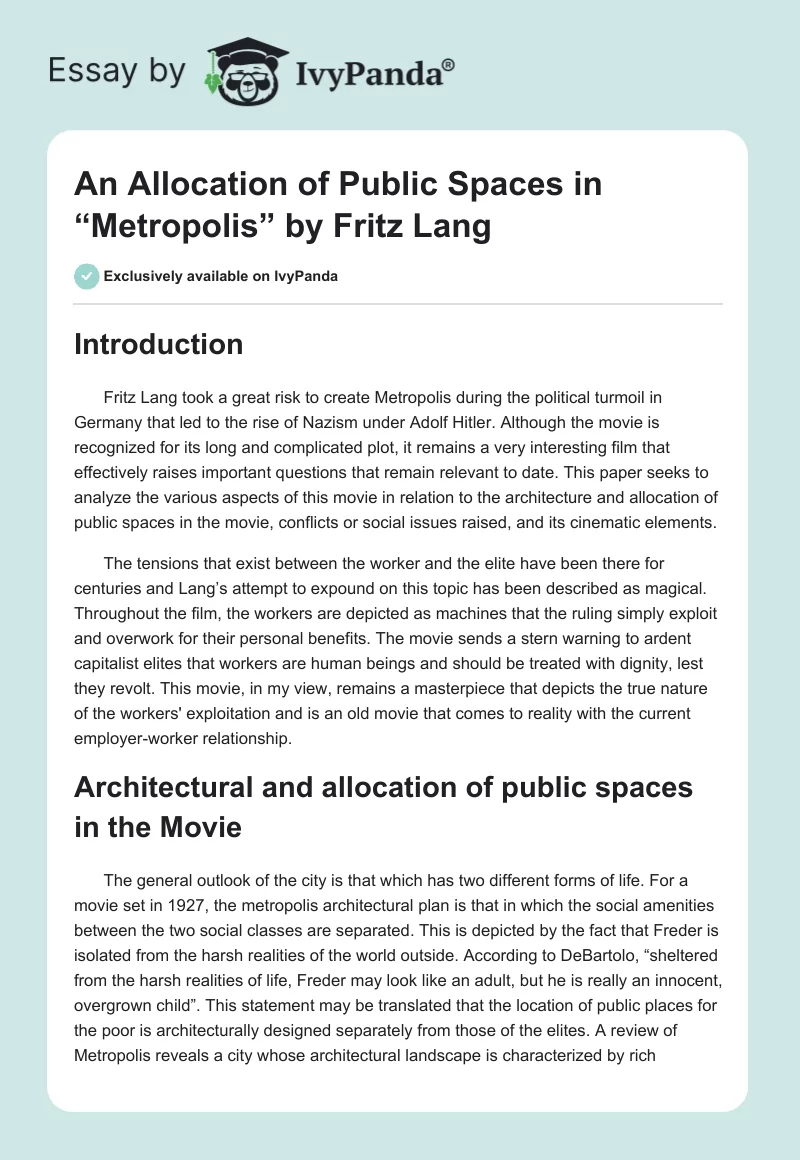 An Allocation of Public Spaces in “Metropolis” by Fritz Lang. Page 1