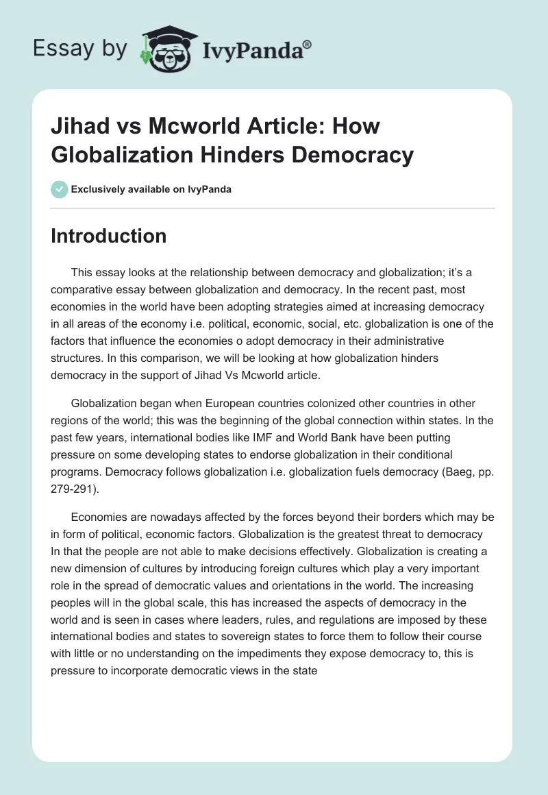 Jihad vs. Mcworld Article: How Globalization Hinders Democracy. Page 1