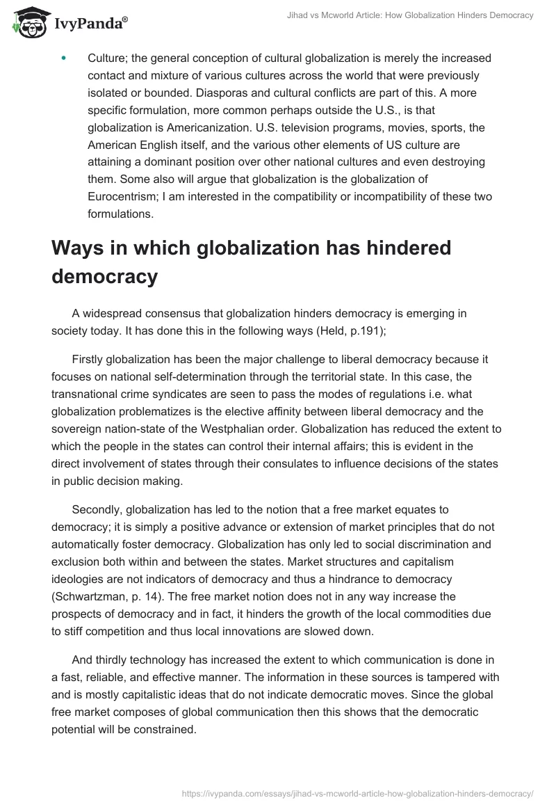 Jihad vs. Mcworld Article: How Globalization Hinders Democracy. Page 3
