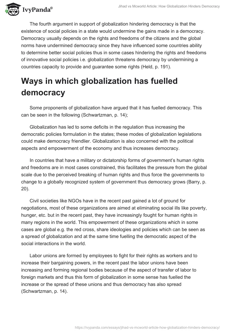 Jihad vs. Mcworld Article: How Globalization Hinders Democracy. Page 4