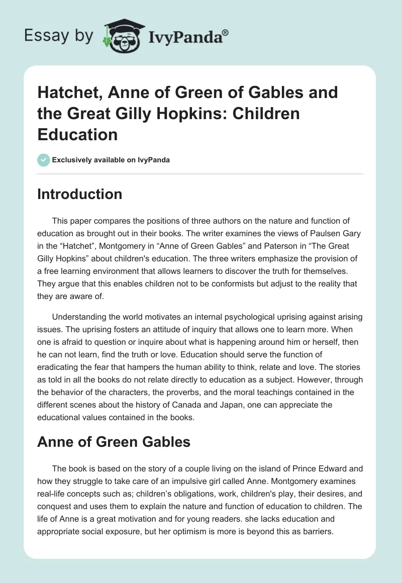 Hatchet, Anne of Green of Gables and the Great Gilly Hopkins: Children Education. Page 1