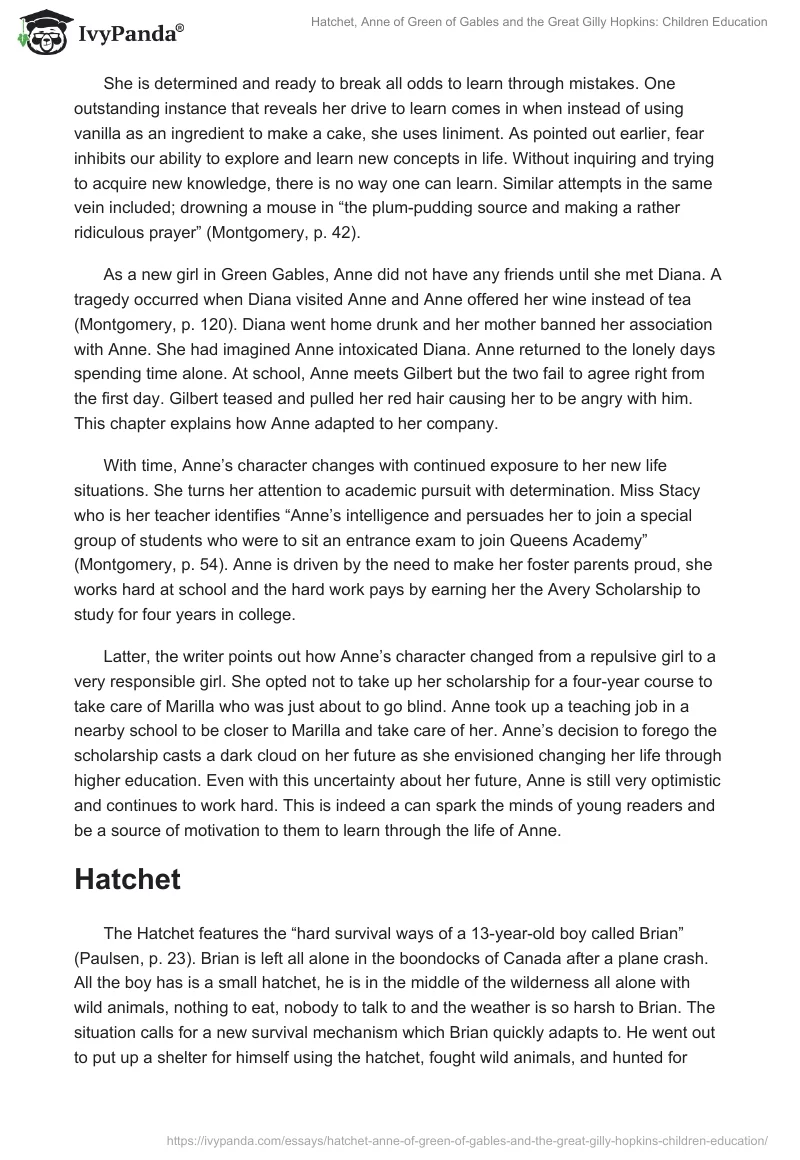 Hatchet, Anne of Green of Gables and the Great Gilly Hopkins: Children Education. Page 2