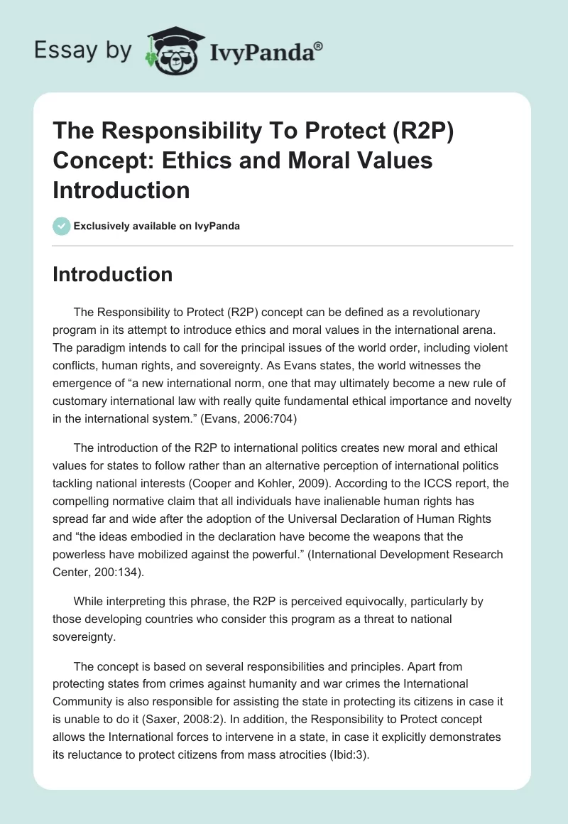 The Responsibility To Protect (R2P) Concept: Ethics and Moral Values Introduction. Page 1