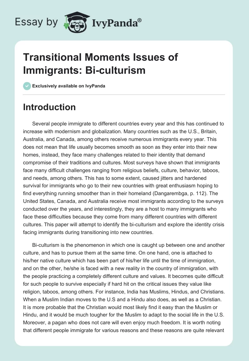 Transitional Moments Issues of Immigrants: Bi-culturism. Page 1