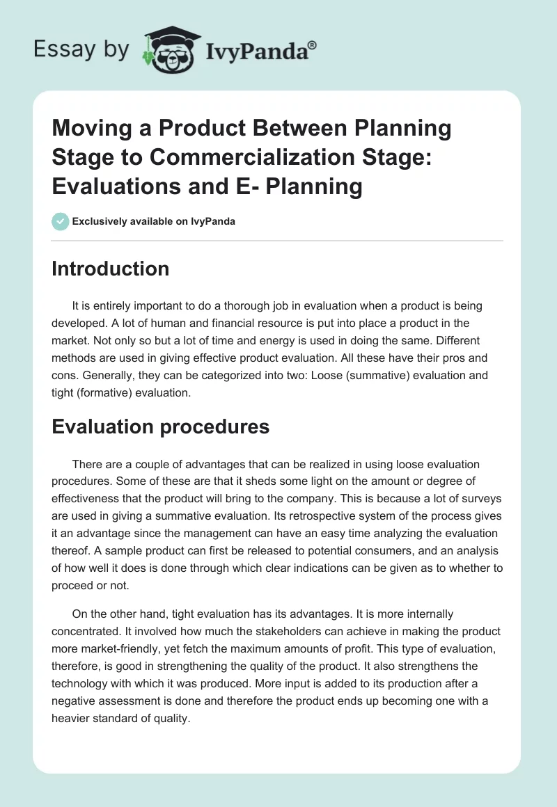 Moving a Product Between Planning Stage to Commercialization Stage: Evaluations and E- Planning. Page 1