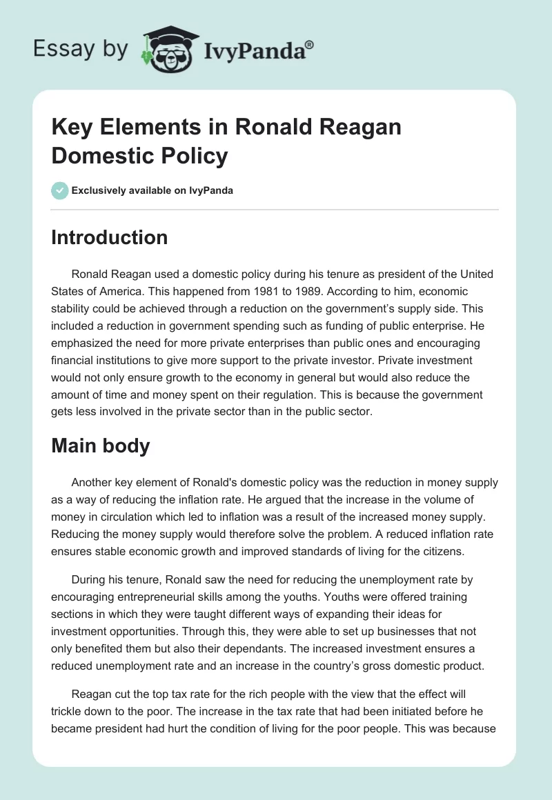Key Elements in Ronald Reagan Domestic Policy. Page 1