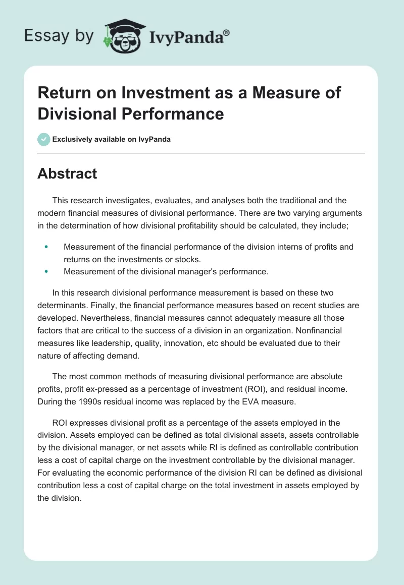 Return on Investment as a Measure of Divisional Performance. Page 1