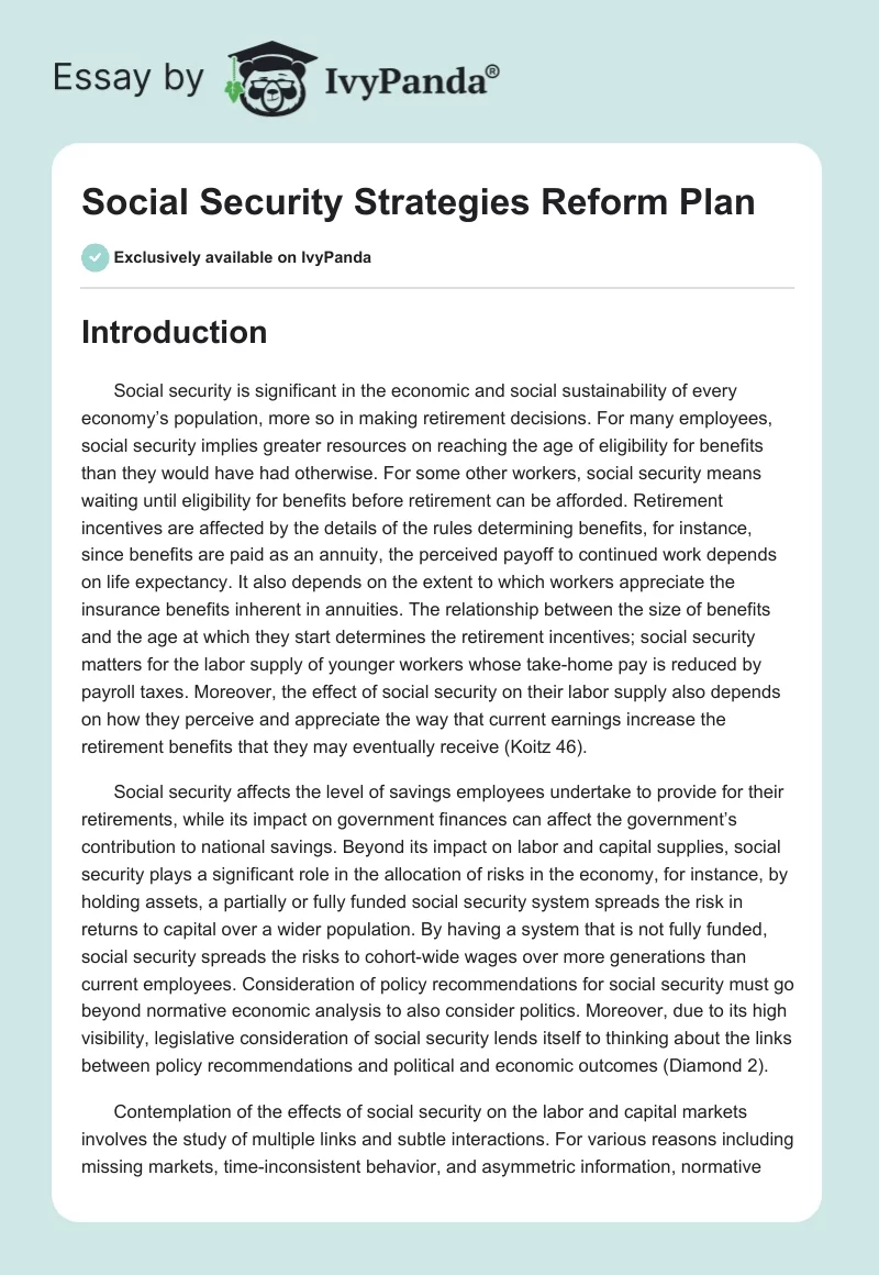 Social Security Strategies Reform Plan. Page 1