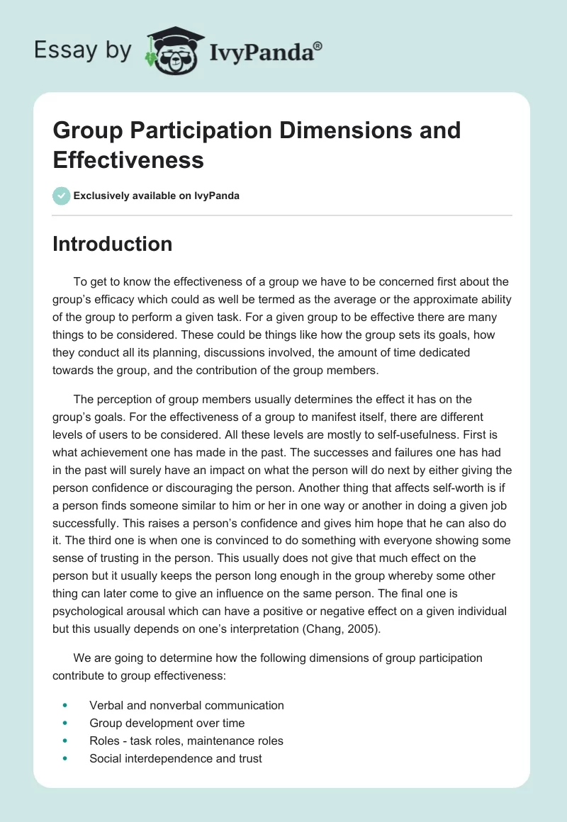 Group Participation Dimensions and Effectiveness. Page 1