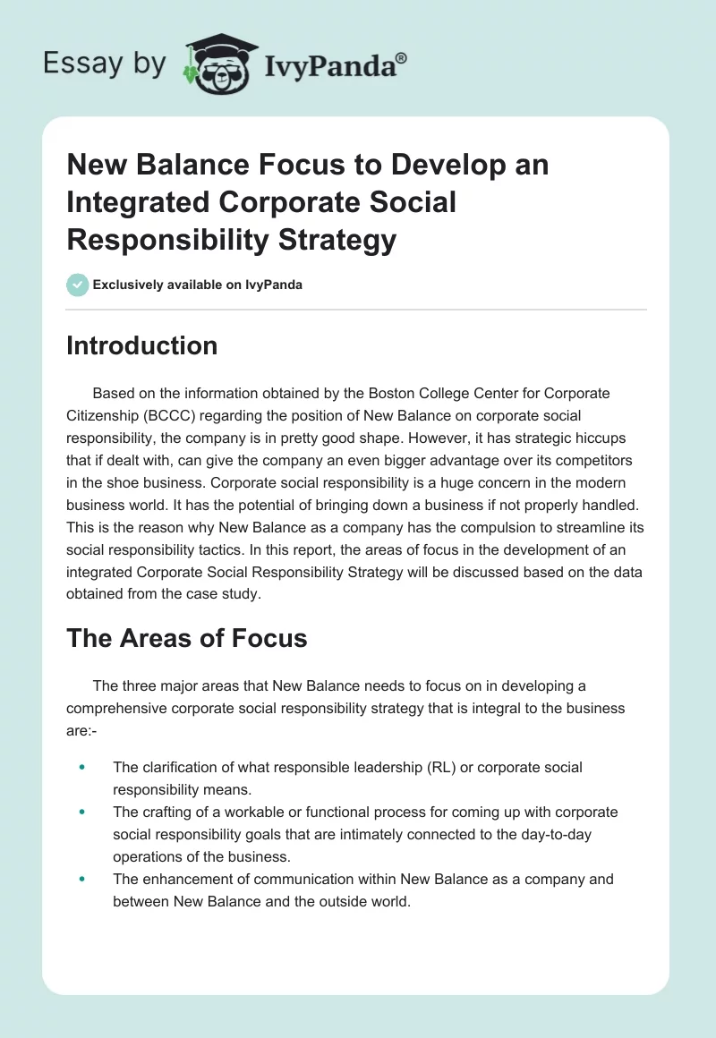 New Balance Focus to Develop an Integrated Corporate Social Responsibility Strategy. Page 1