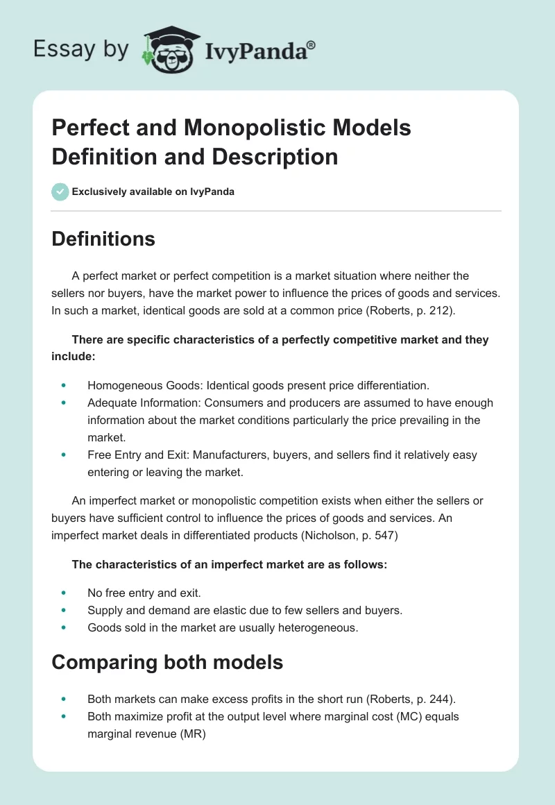 Perfect and Monopolistic Models Definition and Description. Page 1
