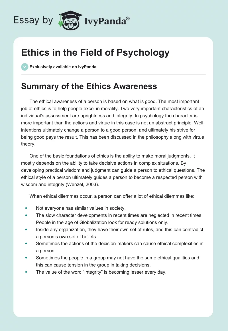 Ethics in the Field of Psychology. Page 1