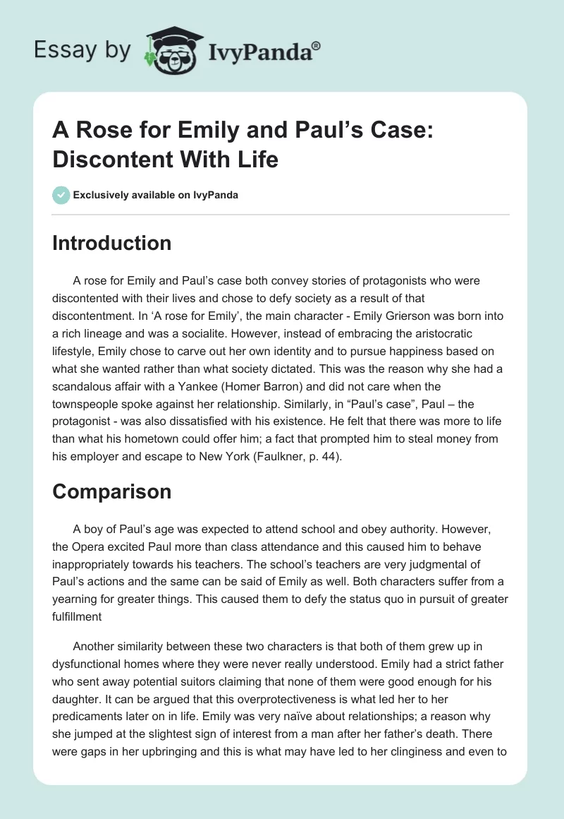 "A Rose for Emily" and "Paul’s Case": Discontent With Life. Page 1