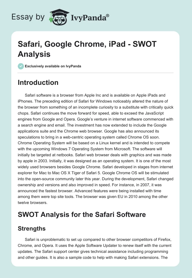 Safari, Google Chrome, iPad - SWOT Analysis. Page 1