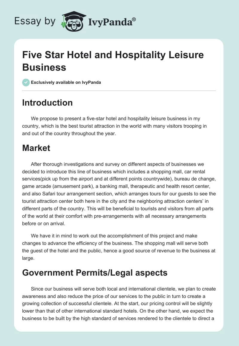Five Star Hotel and Hospitality Leisure Business. Page 1