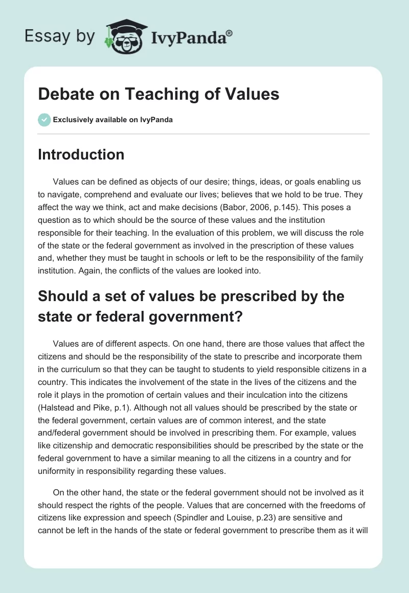 Debate on Teaching of Values. Page 1