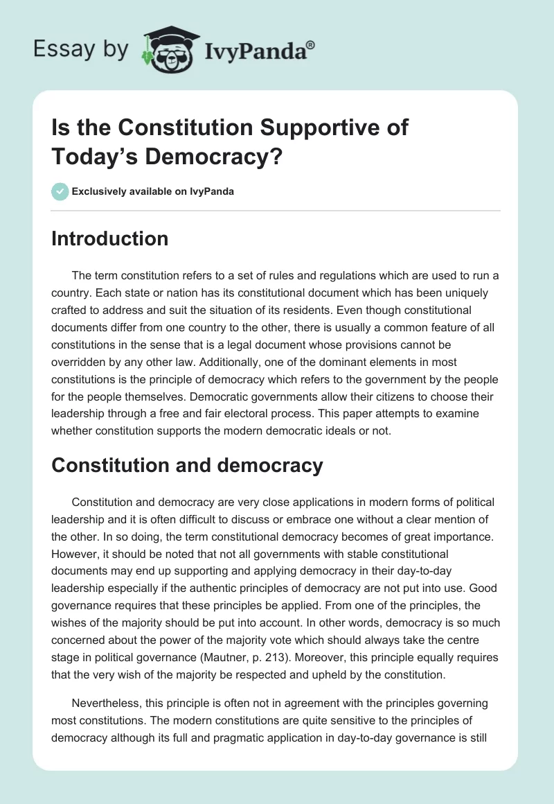 Is the Constitution Supportive of Today’s Democracy?. Page 1
