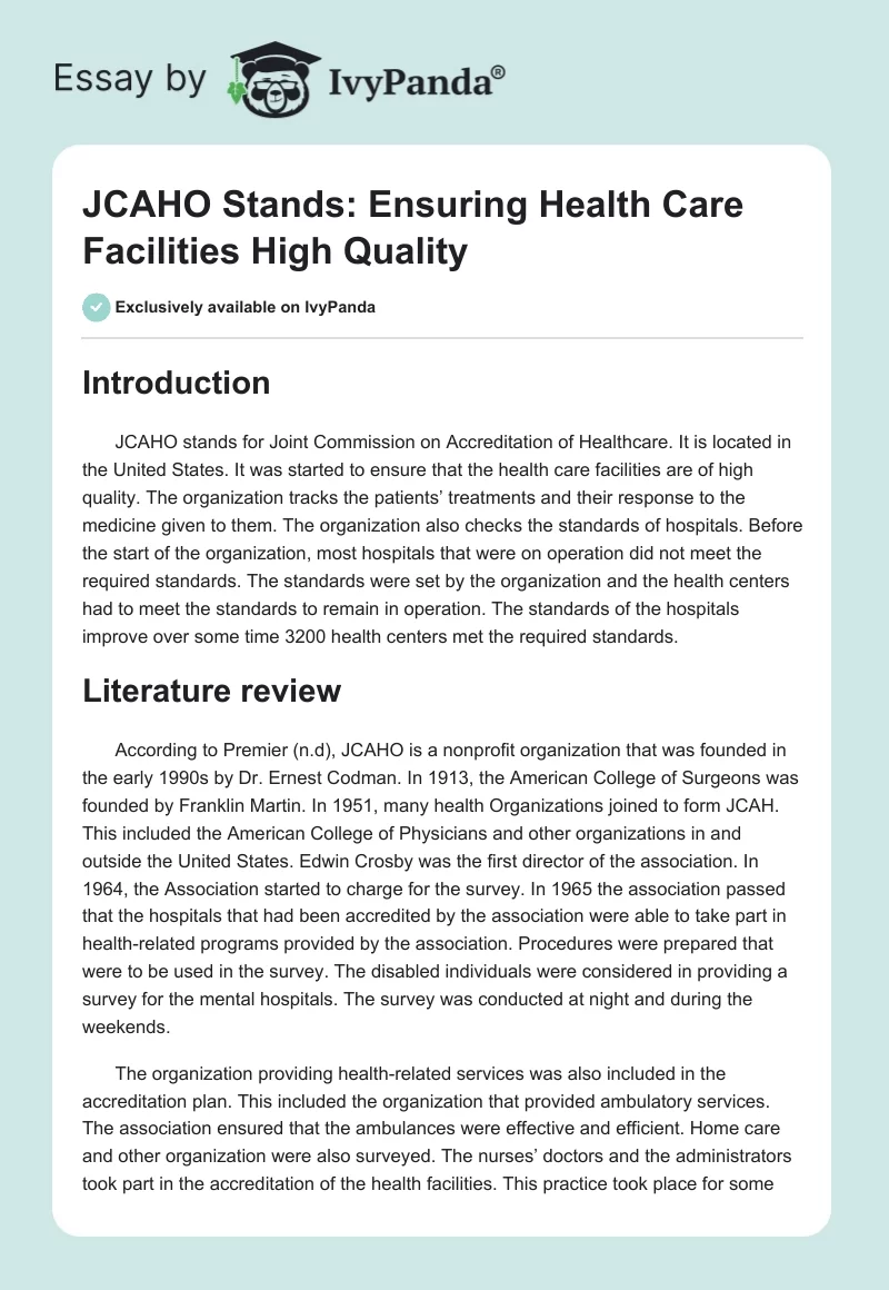 JCAHO Stands: Ensuring Health Care Facilities High Quality. Page 1
