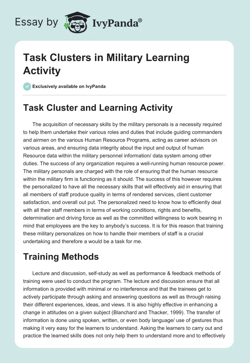 Task Clusters in Military Learning Activity. Page 1