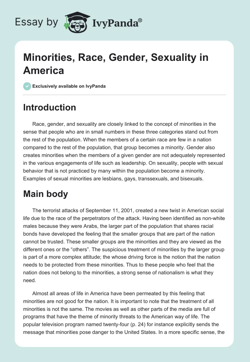 Minorities, Race, Gender, Sexuality in America. Page 1
