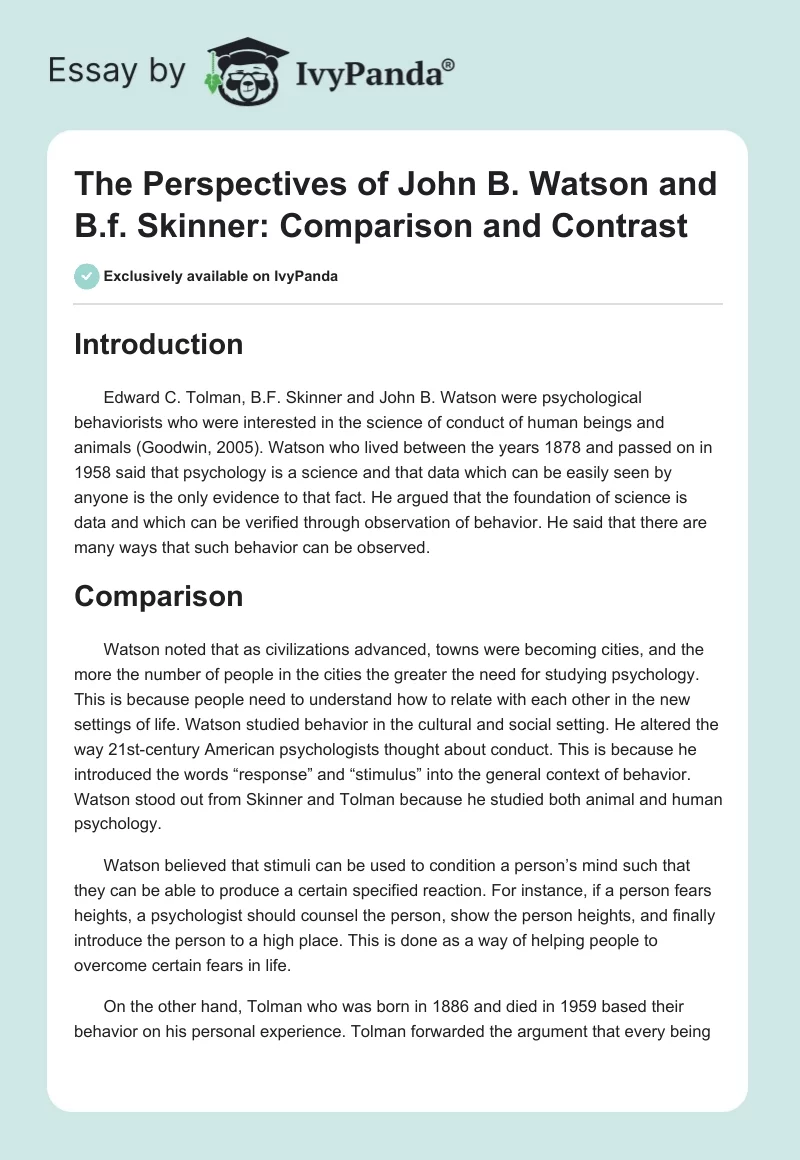 The Perspectives of John B. Watson and B.f. Skinner: Comparison and Contrast. Page 1
