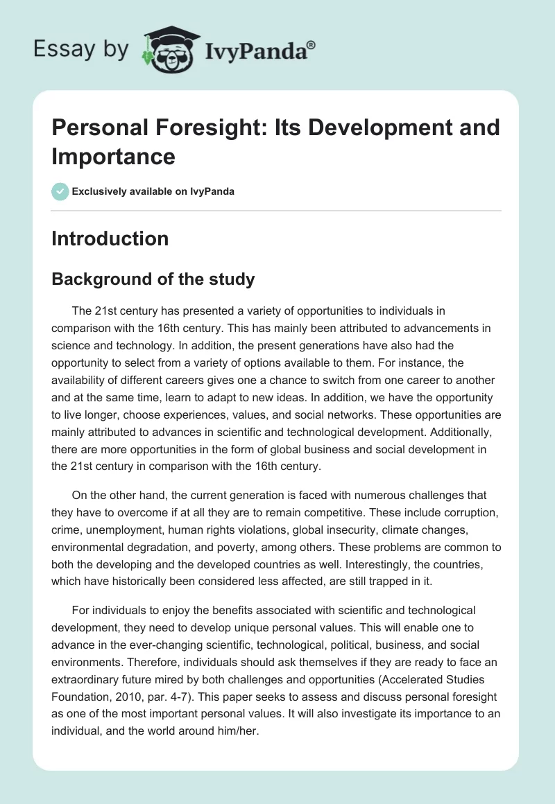 Personal Foresight: Its Development and Importance. Page 1
