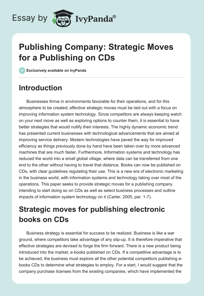 Publishing Company: Strategic Moves for a Publishing on CDs. Page 1