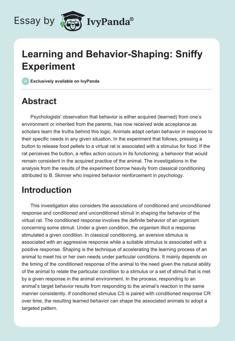 Learning and Behavior-Shaping: Sniffy Experiment. Page 1