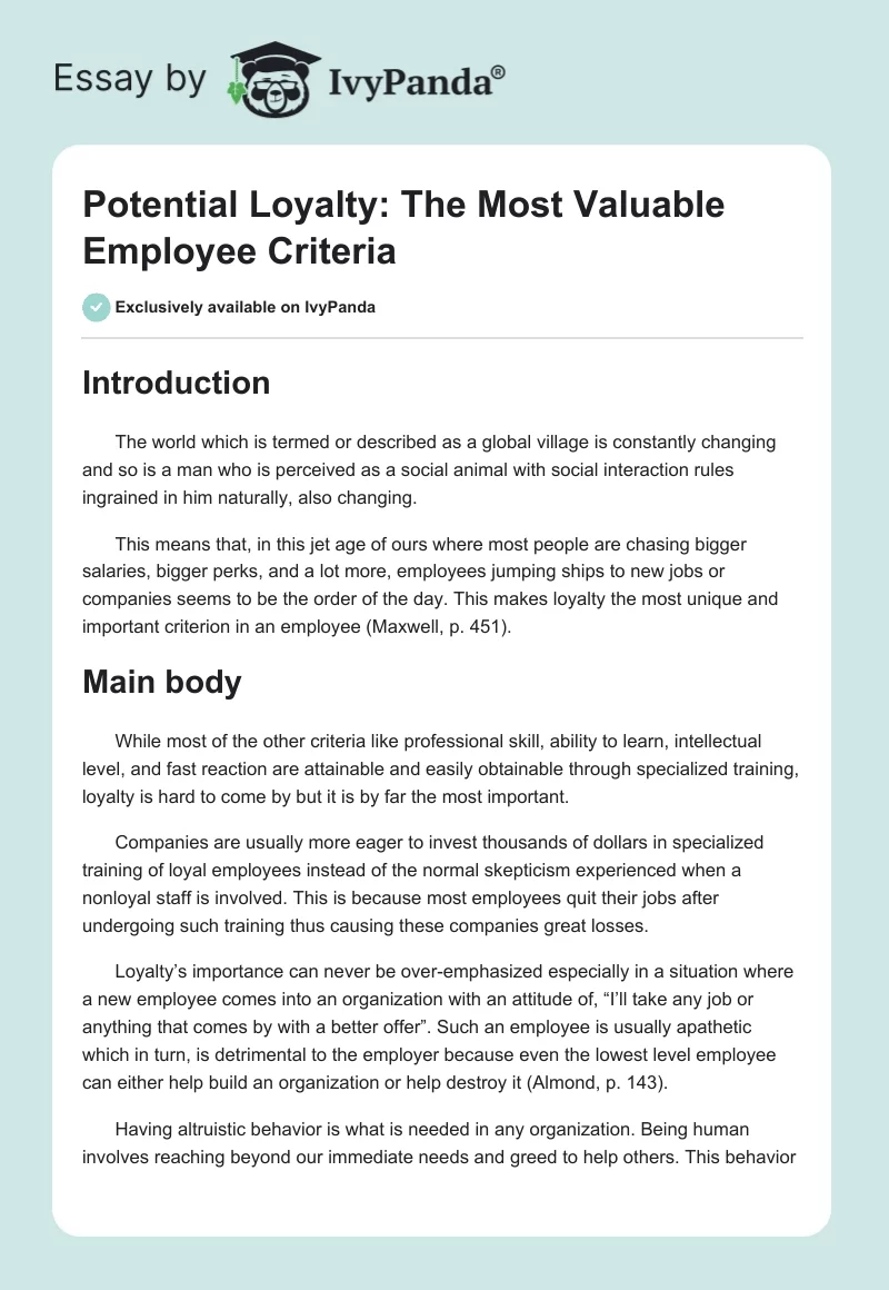 Potential Loyalty: The Most Valuable Employee Criteria. Page 1