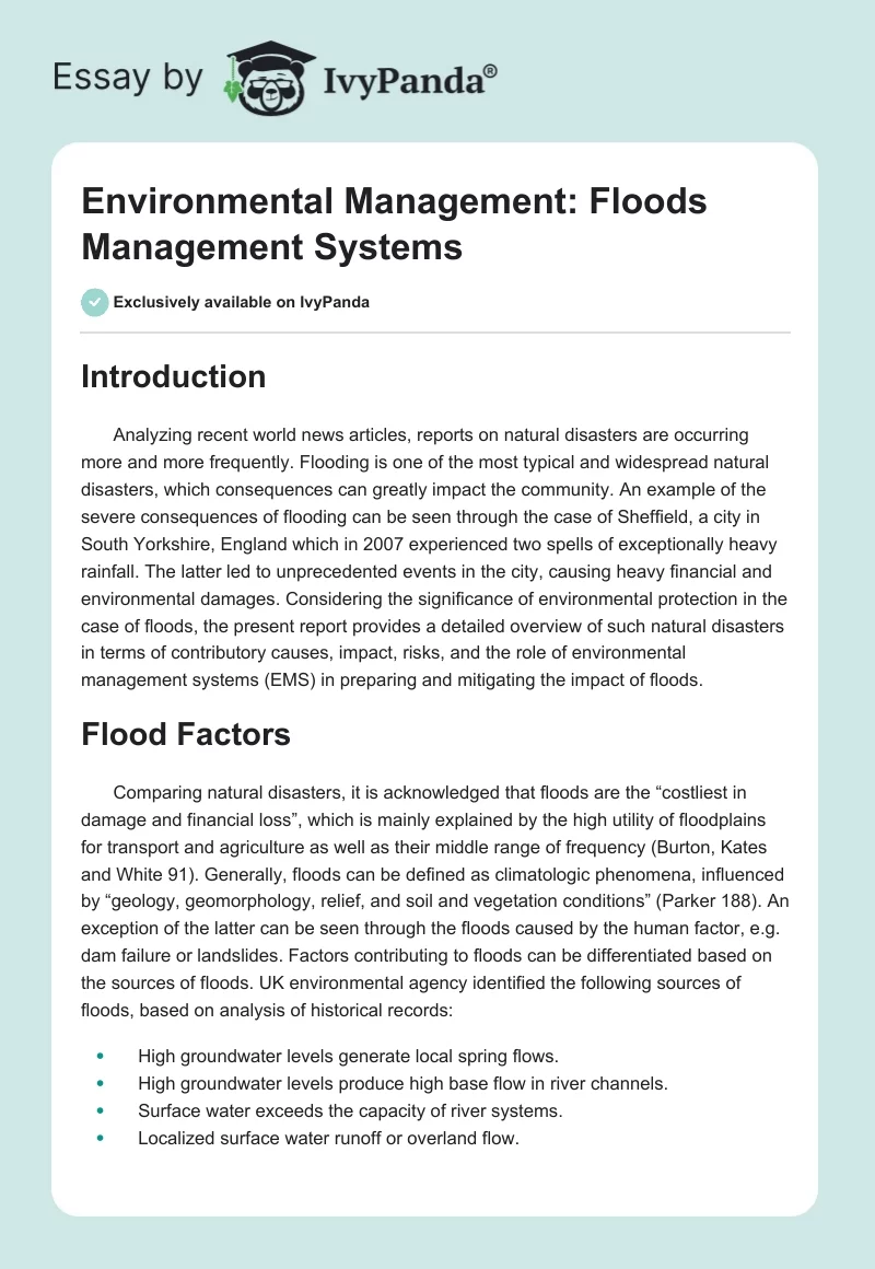 Environmental Management: Floods Management Systems. Page 1