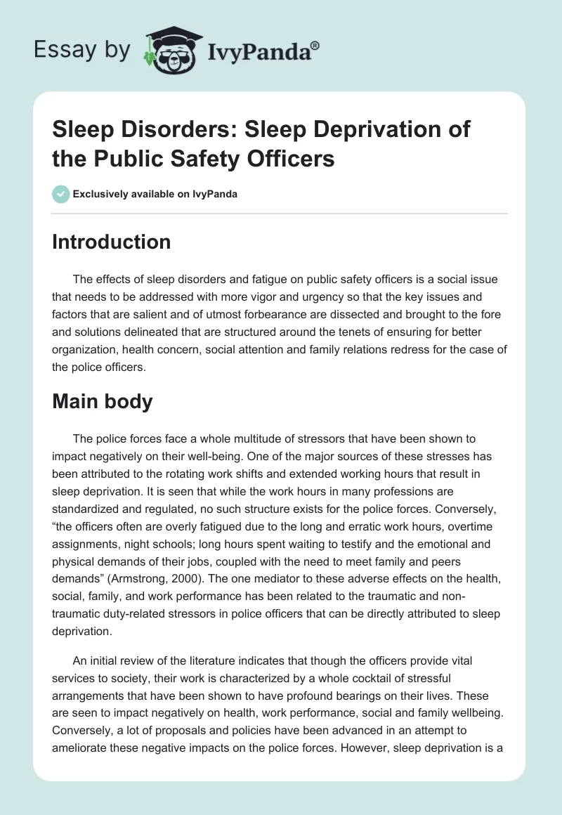 Sleep Disorders: Sleep Deprivation of the Public Safety Officers. Page 1