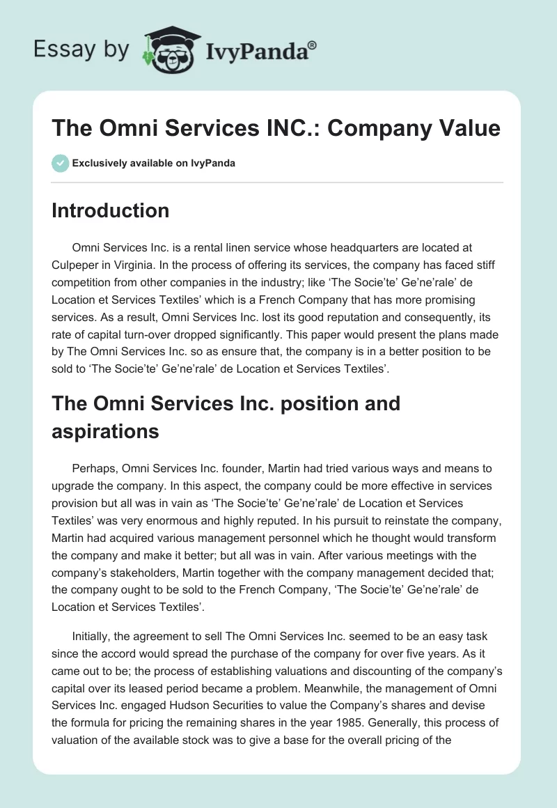 The Omni Services INC.: Company Value. Page 1