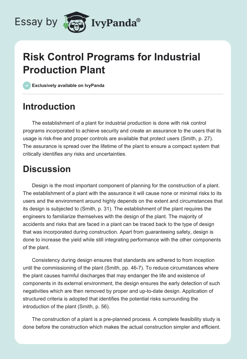 Risk Control Programs for Industrial Production Plant. Page 1