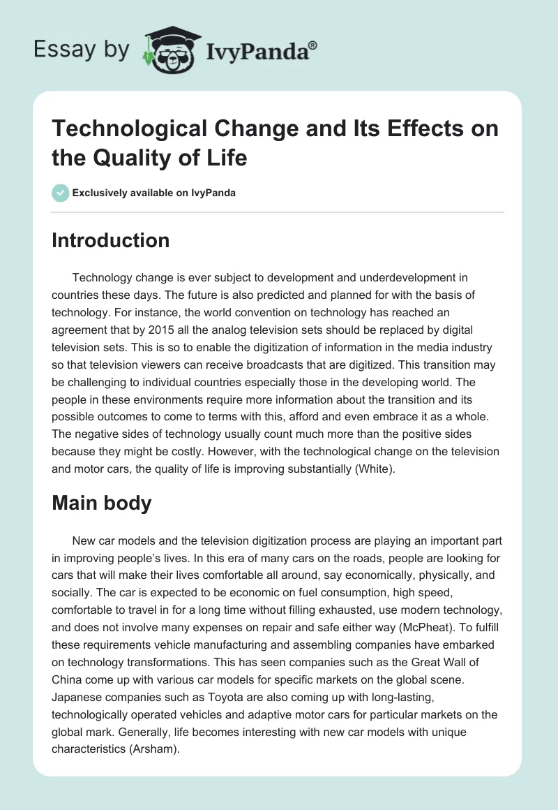 Technological Change and Its Effects on the Quality of Life. Page 1