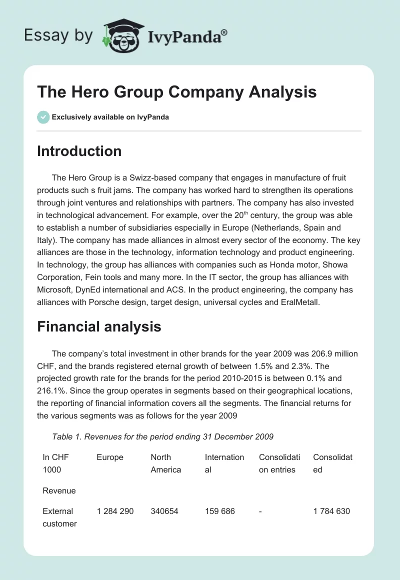 The Hero Group Company Analysis. Page 1