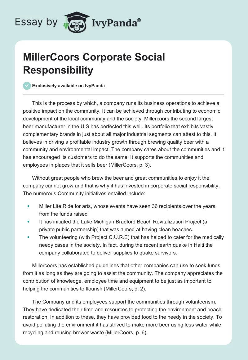 MillerCoors Corporate Social Responsibility. Page 1