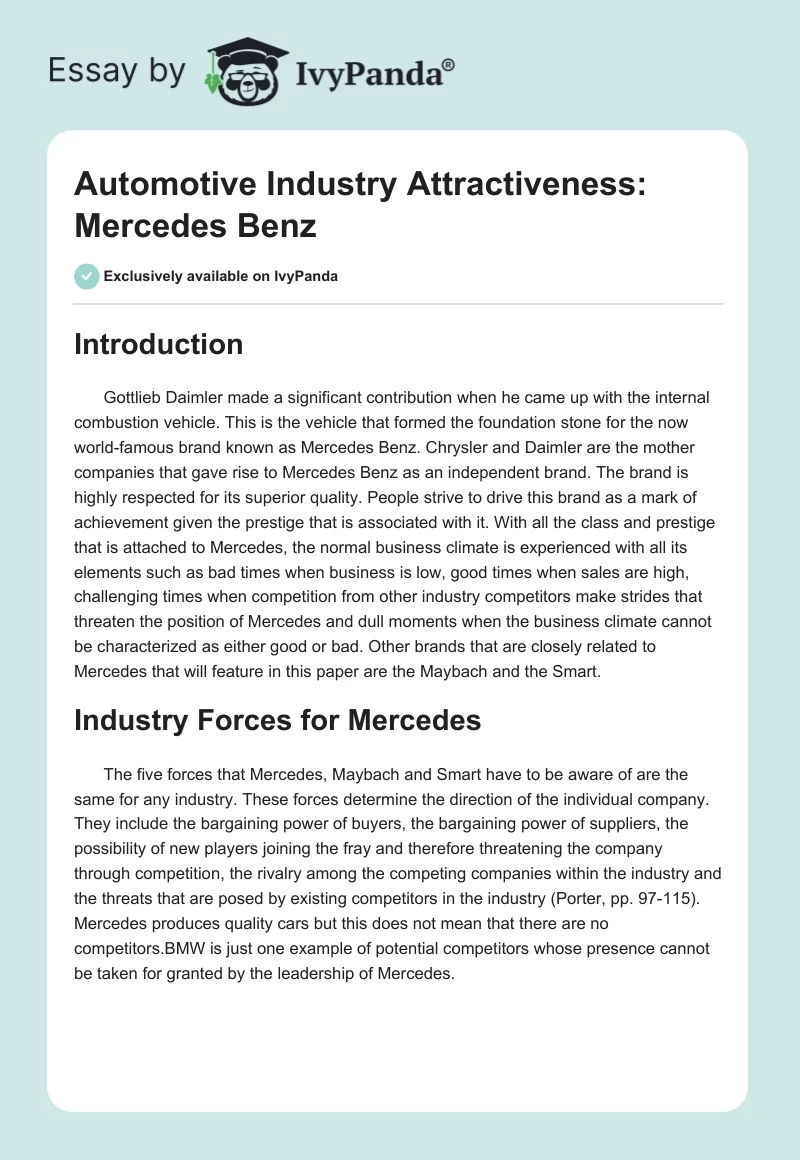 Automotive Industry Attractiveness: Mercedes Benz. Page 1