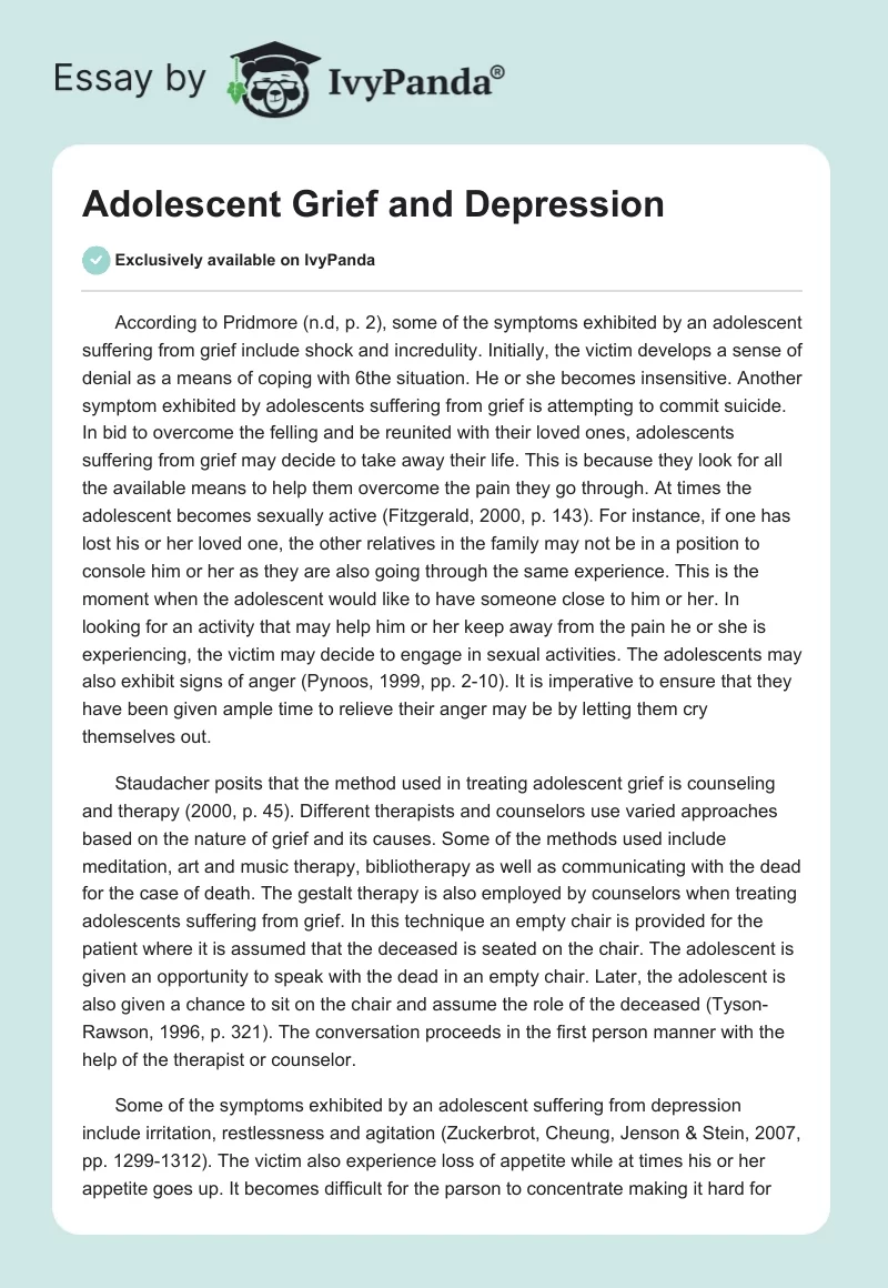 Adolescent Grief and Depression. Page 1