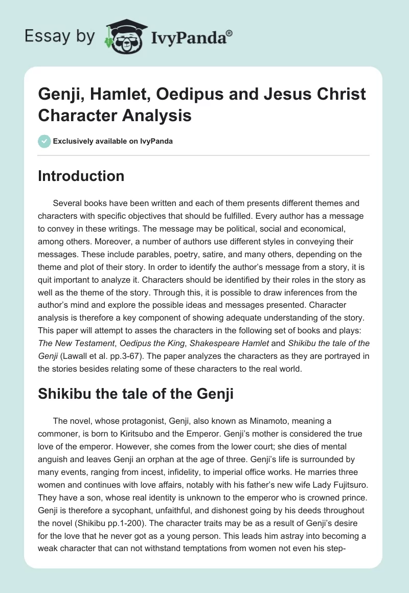 Genji, Hamlet, Oedipus and Jesus Christ Character Analysis. Page 1