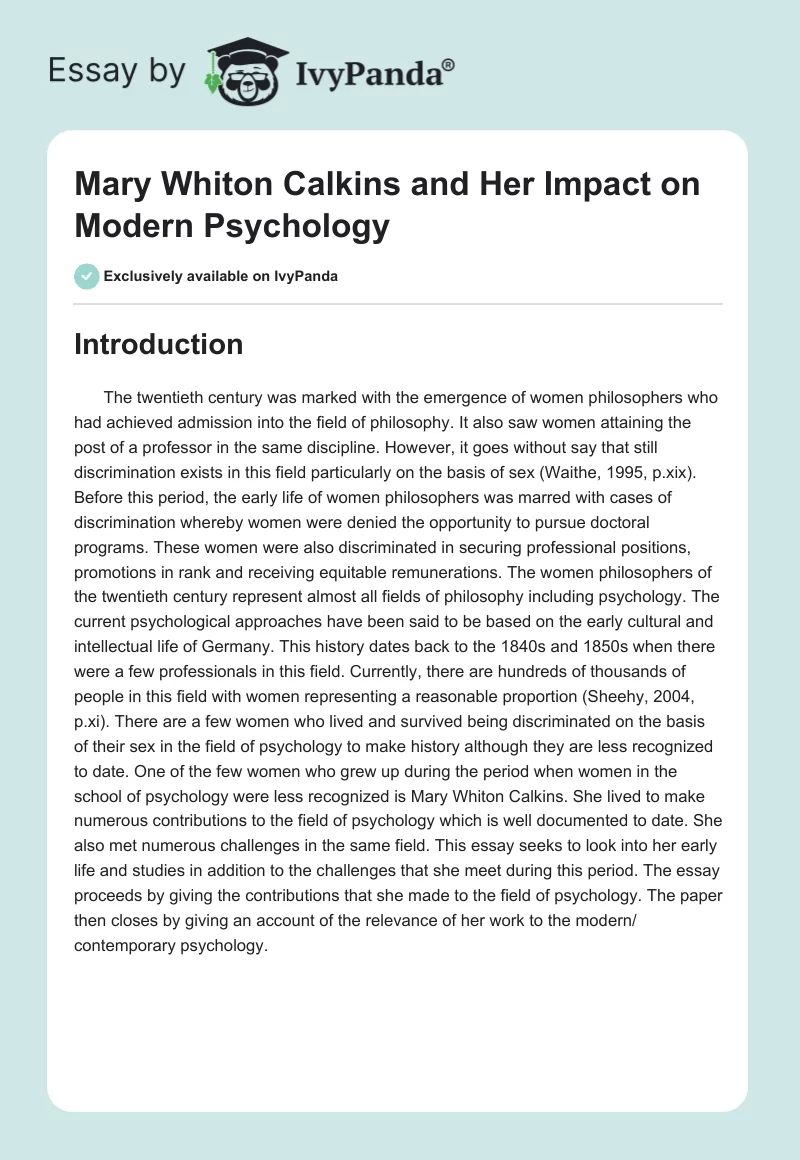 Mary Whiton Calkins and Her Impact on Modern Psychology. Page 1