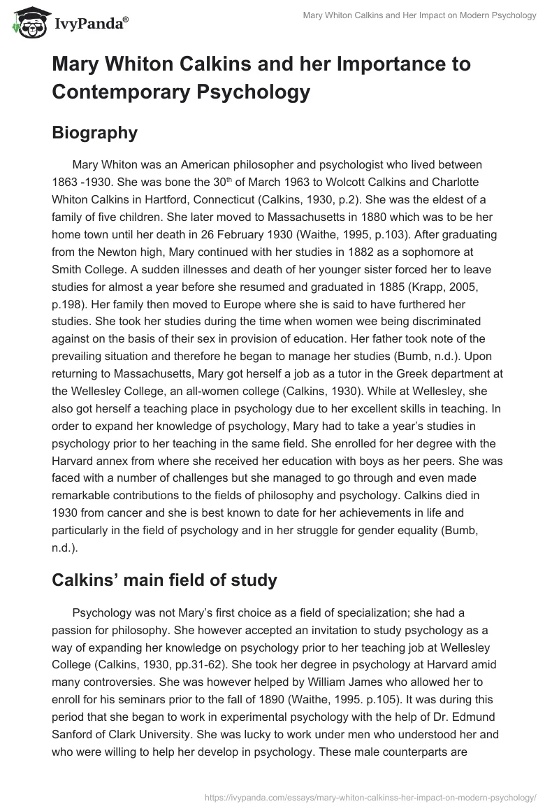 Mary Whiton Calkins and Her Impact on Modern Psychology. Page 2